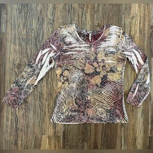 Cubism L/S Waffle Knit Textured Shirt Blouse Womens Medium Ruffles Abstract
